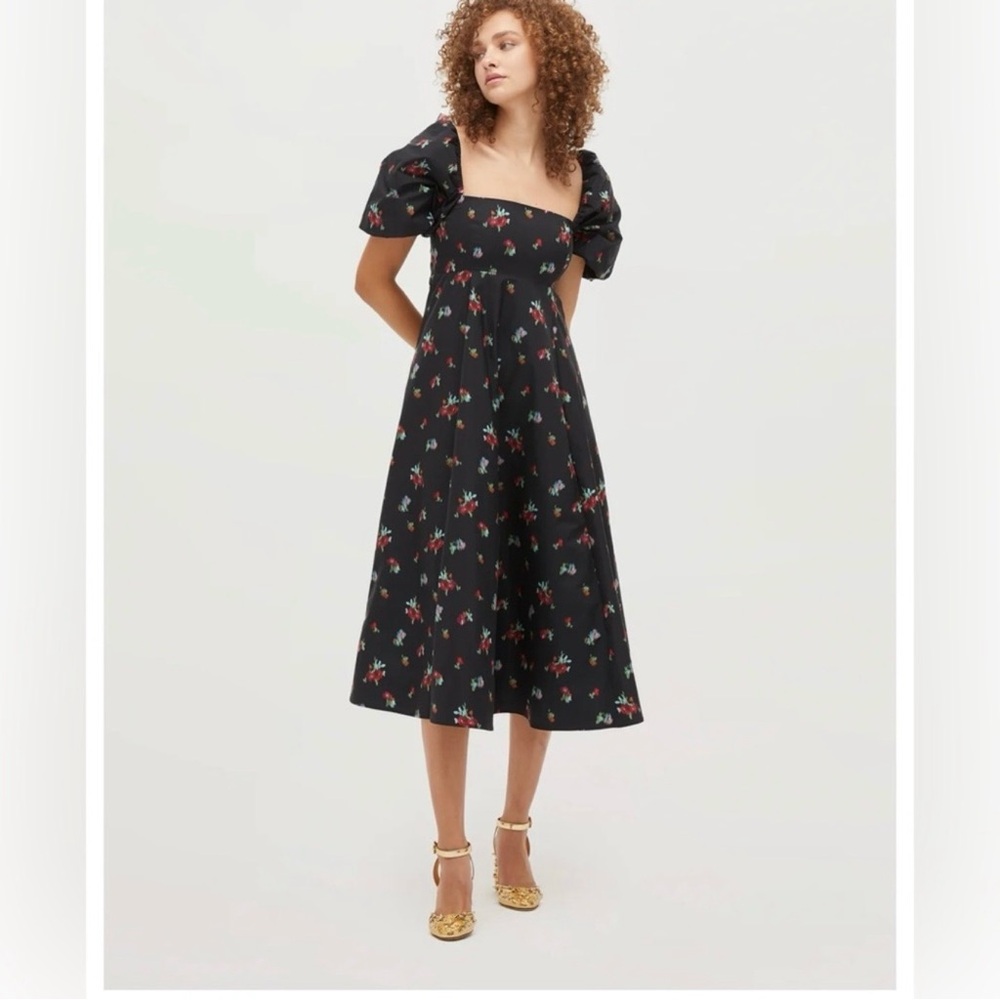 NWT Hill House Black Ikat Floral Matilda Dress, Square-Neck Puff Sleeve Midi - Picture 1 of 8